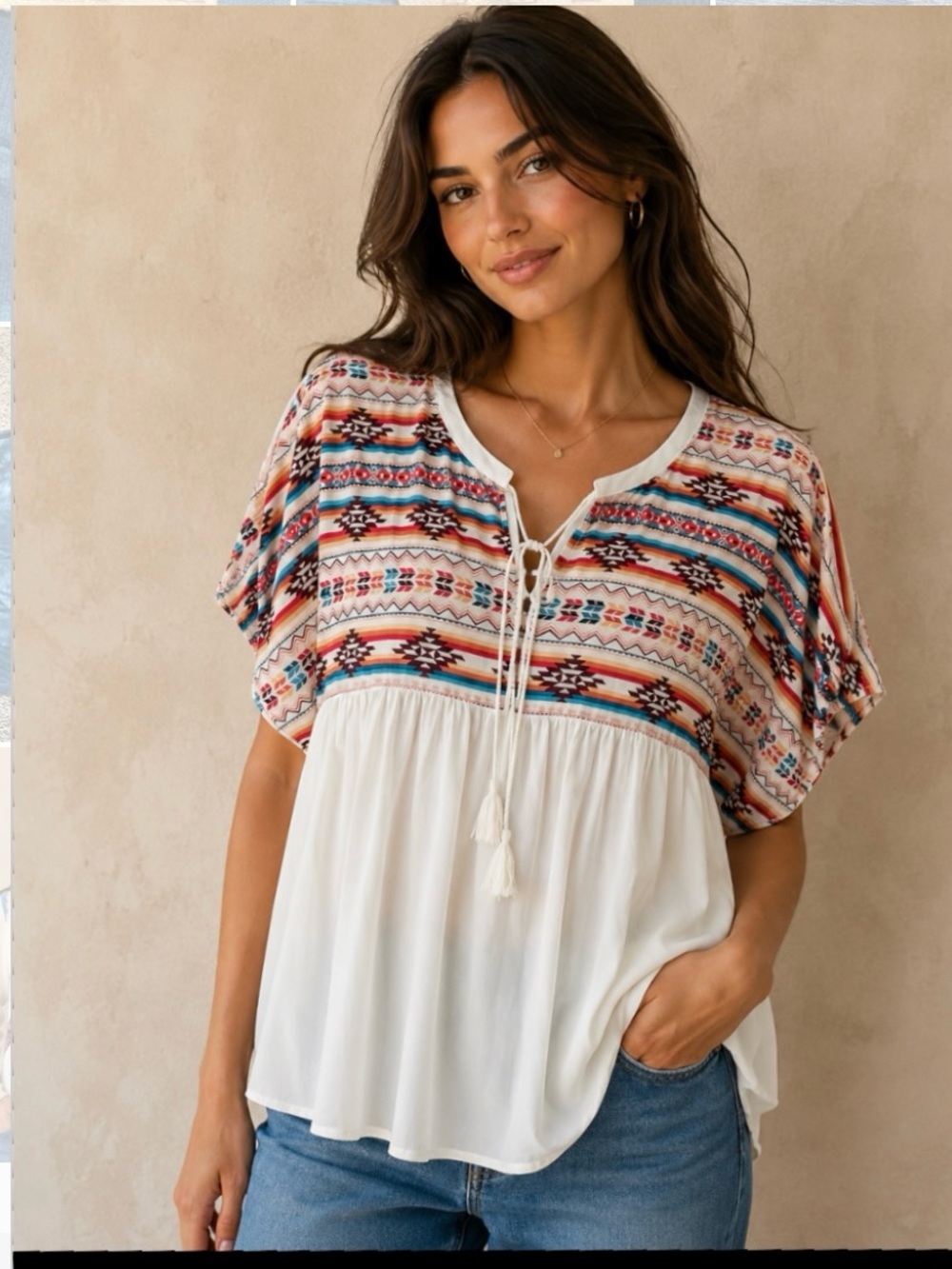 NWT Aztec Print Boho Babydoll Blouse Tassel Tie Top Large Western Short Sleeve